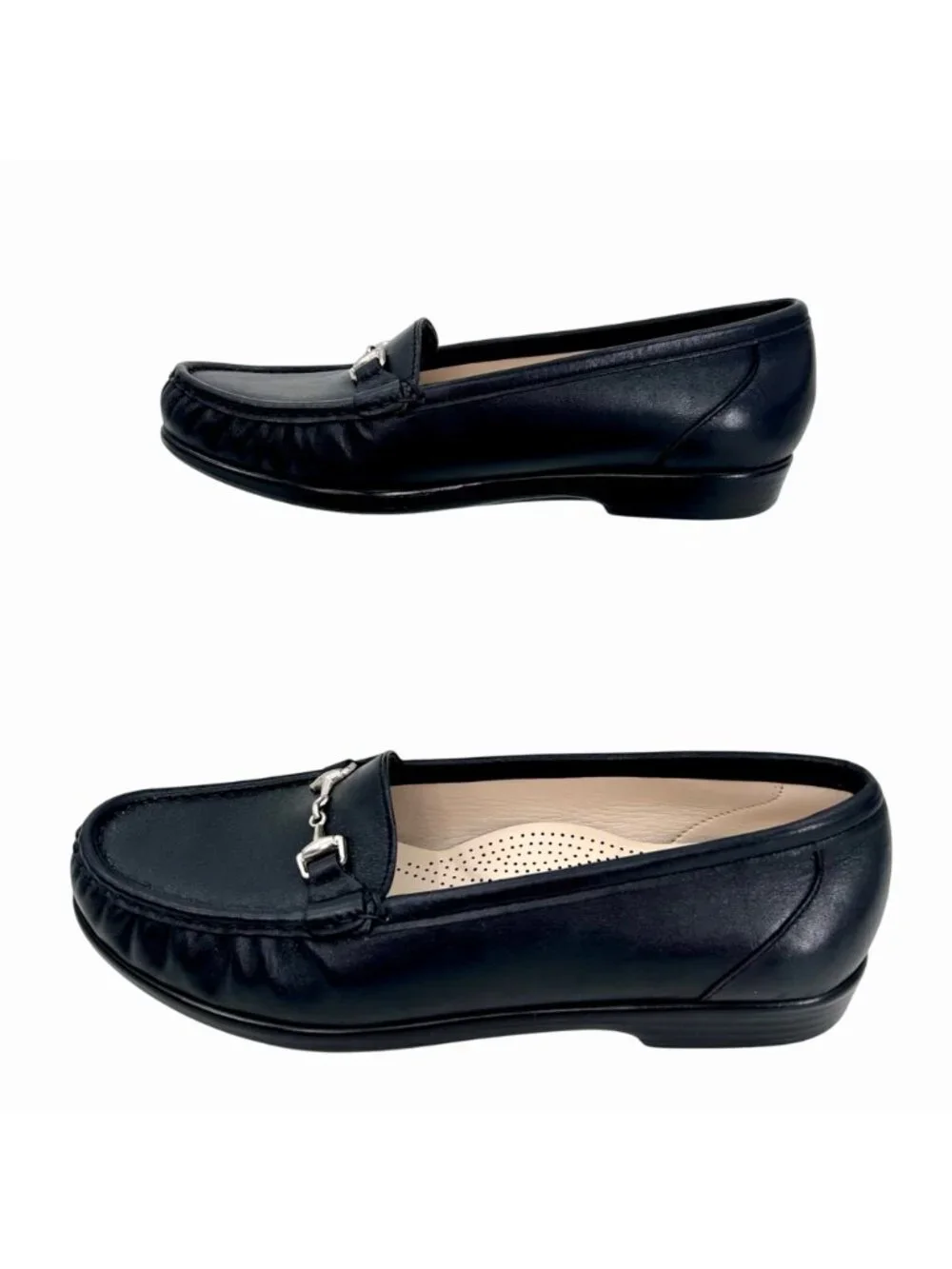 NWOT SAS METRO BLACK LEATHER CUSHIONED LOAFERS W/ SILVER METAL ACCENT - 9W